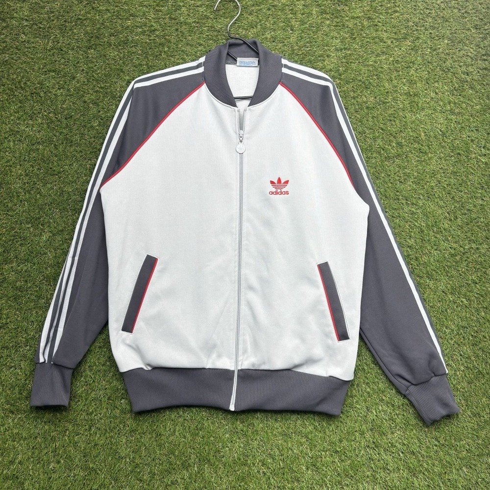 Vintage Adidas Track Jacket Mens Large Striped 80s Taiwan Zip Up Grey Sports